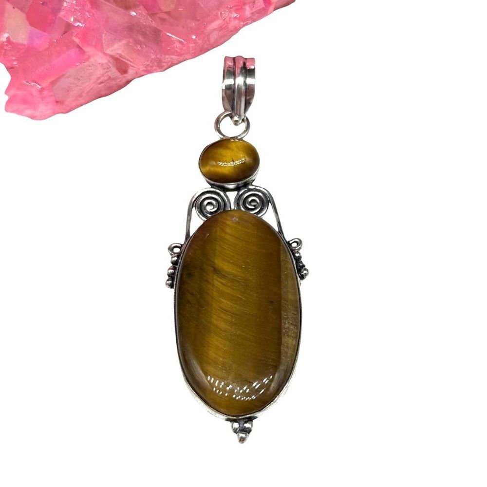 Tiger’s Eye Necklace Pendant 925 Sterling Silver Overlay Brown Stone